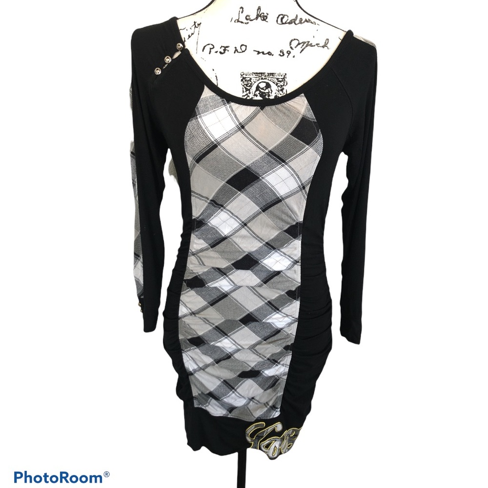 COOGI body con long sleeved black plaid dress